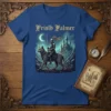 Frisly Falmer text above a knight riding a wolf with a castle in the background on a blue t-shirt