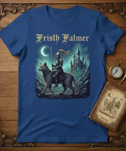 Frisly Falmer text above a knight riding a wolf with a castle in the background on a blue t-shirt