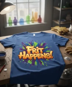The phrase "Frit HAPPENS!" in bold, colorful graffiti-style text on a blue t-shirt, representing glass fusing art
