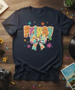 Navy t-shirt with colorful "Friyay" text and a large retro floral bow graphic, surrounded by small flowers and stars