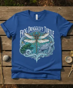 Frog Dragglivy Turtle T-Shirt with dragonfly, frog, and turtle graphics in a circular nature design