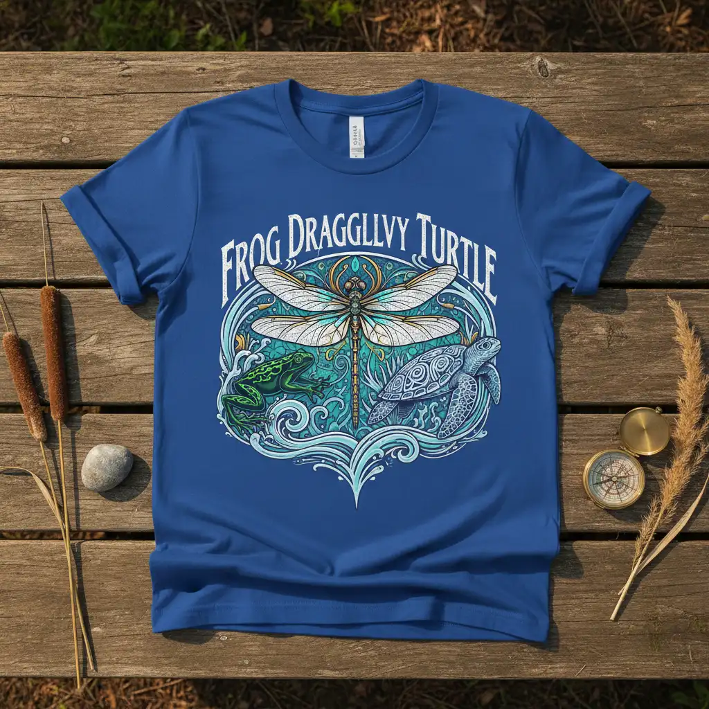 Frog Dragglivy Turtle text art with dragonfly, frog, and turtle illustration on a blue t-shirt