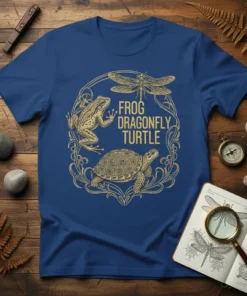 FROG DRAGONFLY TURTLE text design with illustrations of a frog, dragonfly, and turtle in a circular frame