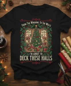 Christmas t-shirt with text "From The Windows To The Walls I'm About To Deck These Halls" and a scene of