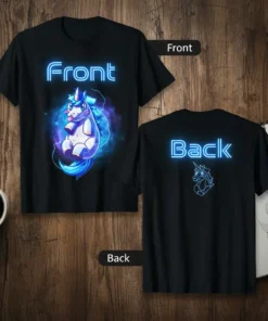 Front Back Neon Unicorn T-Shirt design with glowing blue unicorn graphic on front and minimalist unicorn outline on back