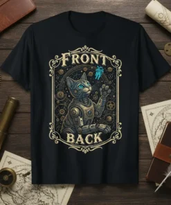 Steampunk robotic cat t-shirt design with "FRONT BACK" text and space-themed graphics