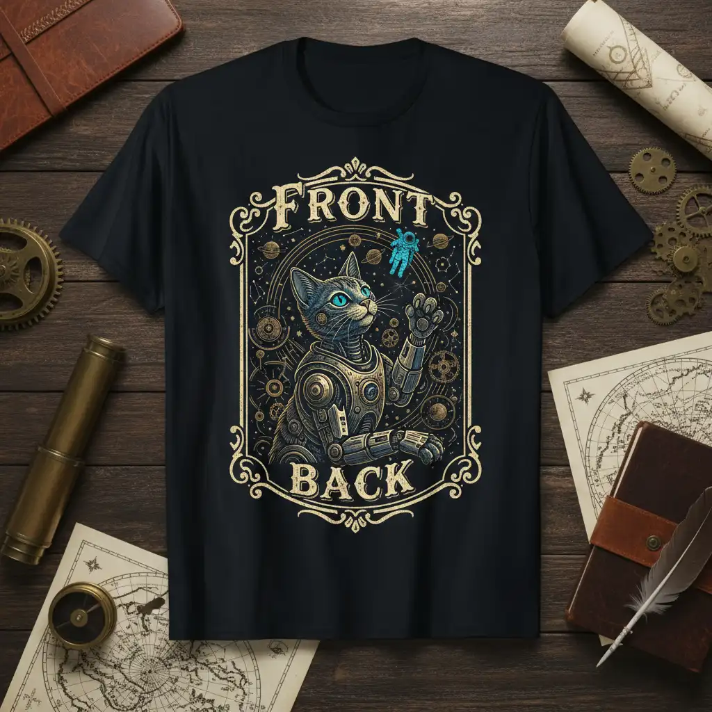 FRONT BACK steampunk robotic cat design reaching for astronaut in cosmic scene graphic tee