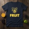 Navy t-shirt with bright yellow text "FRUIT" and a geometric bear graphic wearing glasses and a mustache