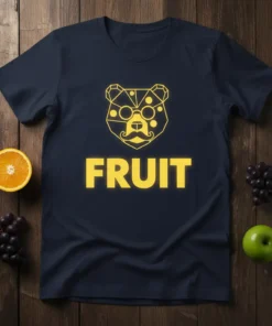 Navy t-shirt with bright yellow text "FRUIT" and a geometric bear graphic wearing glasses and a mustache