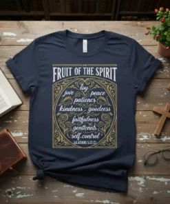 Fruit of the Spirit t-shirt design featuring Galatians 5:22-23 verses in ornate gold lettering on navy fabric