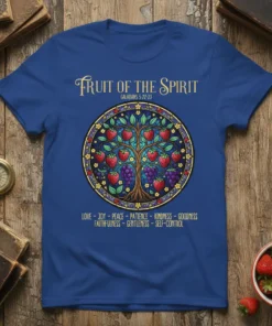 Fruit of the Spirit t-shirt with Galatians 5:22-23 scripture and tree of life design in stained glass style