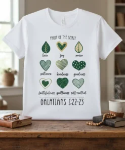 FRUIT OF THE SPIRIT GALATIANS 5:22-23 detailed graphic design printed on comfortable cotton t-shirt