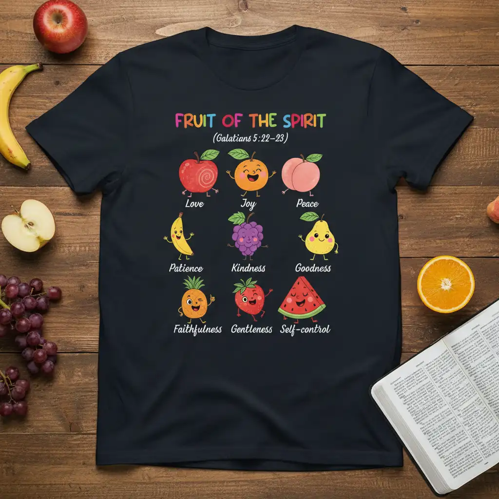 Fruit of the Spirit Galatians 5:22-23 eye-catching design printed on quality cotton blend creating a standout t-shirt