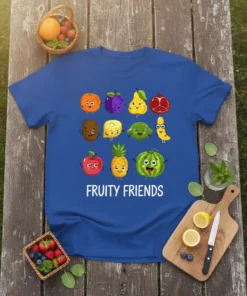 Fruity Friends t-shirt design featuring a grid of cute, smiling cartoon fruits including an orange, plum, pear, pomegranate, kiwi, lemon