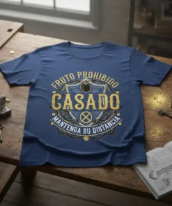 T-shirt with "Fruto Prohibido Casado Mantenga Su Distancia" text in gold and shield design