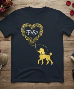 F&S2 Poodle Heart Design T-Shirt featuring a golden poodle silhouette connected to an ornate golden heart graphic