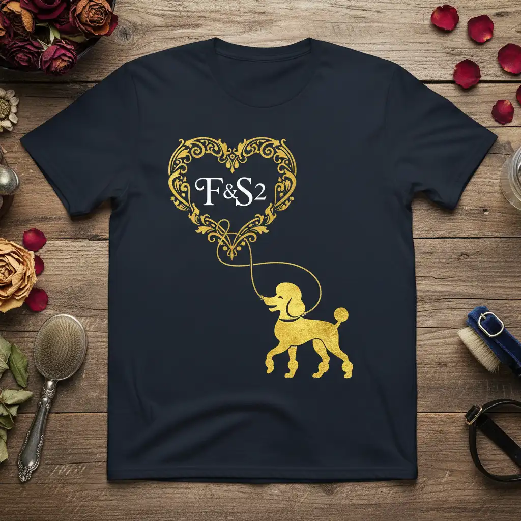 F&S2 Poodle Heart Design T-Shirt with golden poodle and ornate heart graphic, perfect for dog lovers