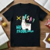 FSA? NO PROBLEMELLAMA t-shirt design featuring a llama wearing glasses and books, with a yellow cross and colorful text