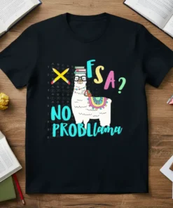 FSA? NO PROBLEMELLAMA t-shirt design featuring a llama wearing glasses and books, with a yellow cross and colorful text