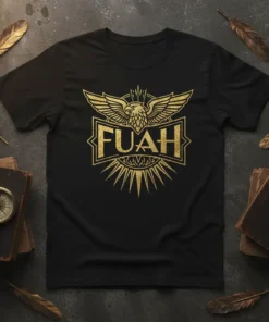 Black t-shirt with gold FUAH eagle emblem design, featuring stylized wings and sunburst pattern