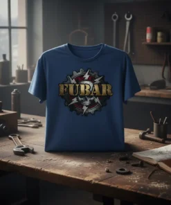FUBAR text with skull and lightning bolt graphic on a navy blue t-shirt