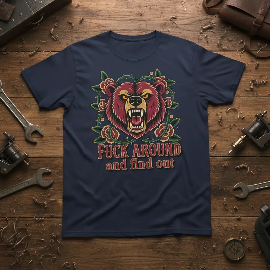 Fierce bear graphic with FUCK AROUND and find out quote on a navy blue t-shirt