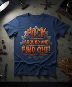 Blue t-shirt with "FUCK AROUND AND FIND OUT!" in bold orange and grey industrial lettering, surrounded by gear graphics