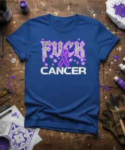 Fuck Cancer T-Shirt with purple ribbon and distressed text, designed for cancer awareness and support