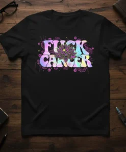 Black t-shirt with bold "FUCK CANCER" text and a colorful lotus flower graphic, symbolizing strength and awareness