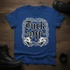 Fuck Off gothic t-shirt design with two wolf skulls, thorny vines, and small devil horns