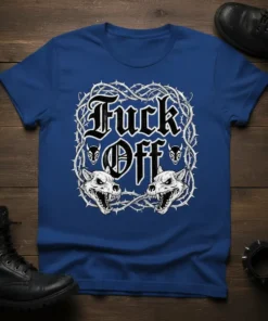 Fuck Off gothic t-shirt design with two wolf skulls, thorny vines, and small devil horns