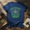 Fuck This Shit I'm Getting High t-shirt with green cannabis leaf graphic and purple swirls