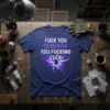 T-shirt with "FUCK YOU DEMENTIA YOU FUCKING FUCK" text in white and purple, featuring a colorful abstract splash graphic