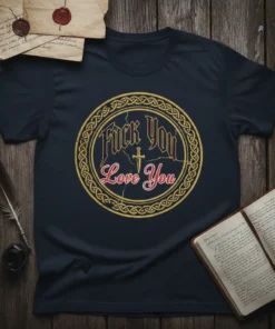 Fuck You Love You quote t-shirt with a medieval-style font and a small dagger graphic, enclosed in a Celtic knot
