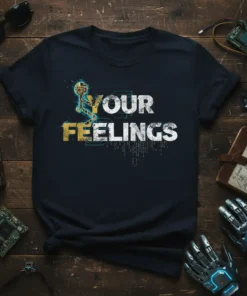 Fuck Your Feelings quote in distressed white and yellow typography on a black t-shirt, featuring a robotic key graphic