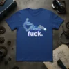 The "fuck." t-shirt design features a skeleton in a wheelchair with neon blue and purple accents, with the word "fuck."