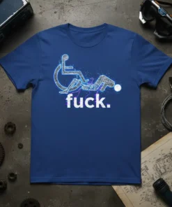 The "fuck." t-shirt design features a skeleton in a wheelchair with neon blue and purple accents, with the word "fuck."
