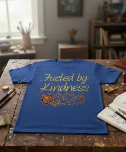 Blue t-shirt with "Fucked by Kindness" in gold glitter text and a rose entwined with thorns graphic