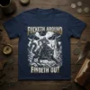 Fucketh Around Findeth Out t-shirt design with knight riding a black cat in a gothic castle setting under a stormy
