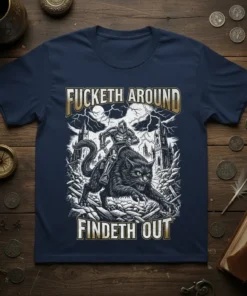 Fucketh Around Findeth Out t-shirt design with knight riding a black cat in a gothic castle setting under a stormy