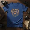 Fucking Diabolical text with fiery border and serpent goblet graphic on a blue t-shirt