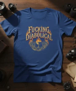 Fucking Diabolical text with fiery border and serpent goblet graphic on a blue t-shirt