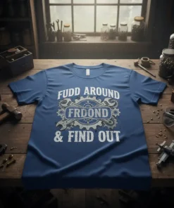 Blue t-shirt with white text "Fudd Around Frdond & Find Out" and gear graphic