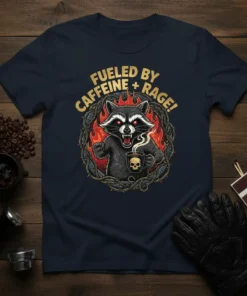 Fueled By Caffeine + Rage! t-shirt design featuring an angry raccoon holding a skull mug surrounded by flames