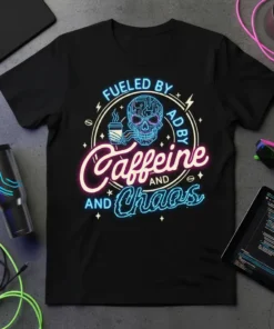 Black t-shirt with neon-style text "Fueled by Caffeine and Chaos" and a circuit board skull holding a coffee cup