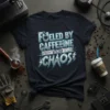 Fueled By Caffeine And Chaos quote on a navy t-shirt, featuring a coffee cup and distressed typography