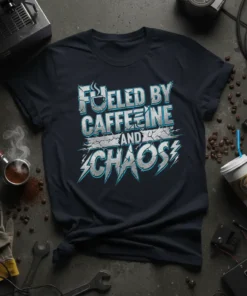 Fueled By Caffeine And Chaos quote on a navy t-shirt, featuring a coffee cup and distressed typography