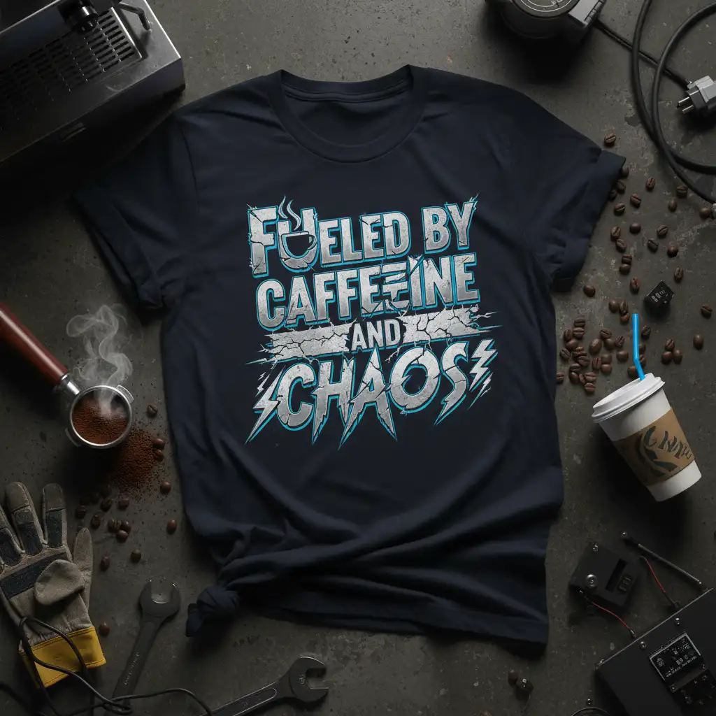 Fueled By Caffeine And Chaos quote design with coffee cup graphic and distressed text on a dark t-shirt