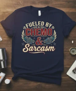 Fueled by Chemo & Sarcasm text design on a navy blue t-shirt with wings and gears graphic elements