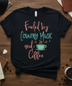 Black t-shirt with "Fueled by Country Music and Coffee" text and a steaming coffee cup graphic